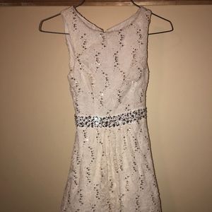 White Sparkly Short Belted Formal Dress